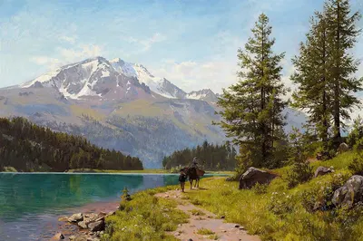 En sommerdag ved Silssøen i Schweiz by Август Фишер, 1889 — digital art print download