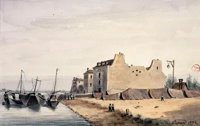 Отель Гарикотов (тюрьма Национальной гвардии), набережная Сен-Бернар by Огюст-Себастьен Бенар, 1829 — digital art print…