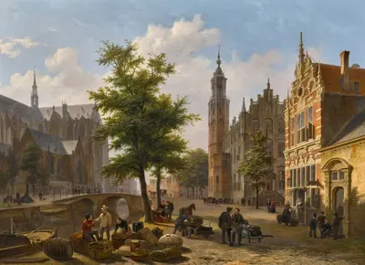 A Busy Market Place in a Dutch Town by Bartholomeus Johannes van Hove, 1858 — digital art print download