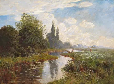 Три молодые дамы на летней прогулке в ландшафте by Карл Карлсен, 1900 — digital art print download