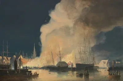 Ночной пожар на стороне Кристиансхавна в гавани Копенгагена by Карл Фредерик Сёренсен — digital art print download