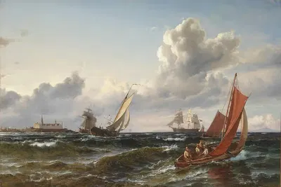 Парусные корабли и рыбацкая лодка в проливе у Кронборга by Карл Фредерик Сёренсен, 1870 — digital art print download