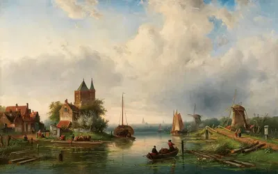 Огромный речной пейзаж с ветряными мельницами by Шарль Лейкерт, 1848 — digital art print download