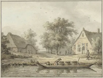 Landschap met afgemeerde schuit met vaten by Cornelis Buys, 1756 - 1826 — digital art print download