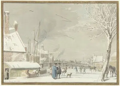 Bevroren stadsgracht met schaatsers by Cornelis van Noorde, 1769 — digital art print download