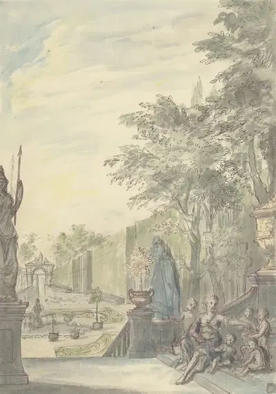 Gezicht vanaf een terras in een ornamentale tuin by Daniël Marot the younger, 1705 - 1769 — digital art print download