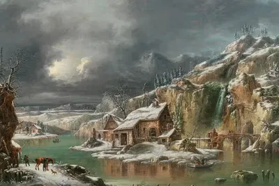 A winter landscape with travellers by a river by Francesco Foschi — digital art print download