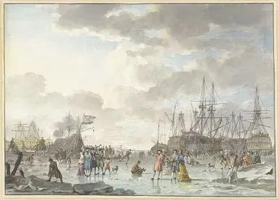 Ледяная ярмарка на замерзшей реке с кораблями by Генрик Кобелл, 1773 — digital art print download