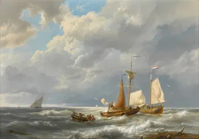 Голландская баржа у берега среди мелких судов на сильном ветру by Херманус Кеккок — digital art print download