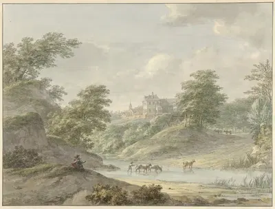 Пейзаж с сидящим художником и замком у воды by Херманус Нуман, 1754 - 1820 — digital art print download