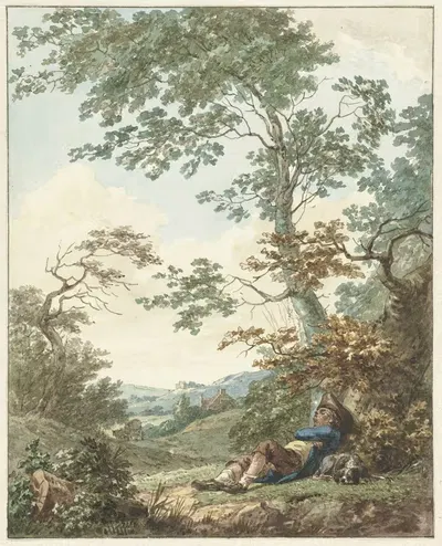 Спящий человек с собакой под деревом by Херманус Нуман, 1754 - 1820 — digital art print download