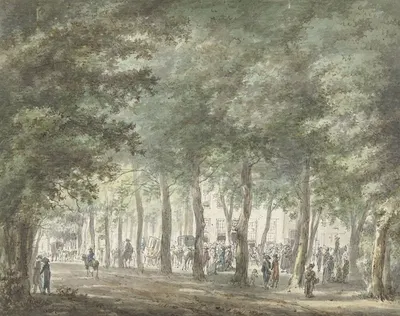 Gezicht in de Haarlemmerhout, met een menigte mensen voor het Heerenlogement by Hermanus van Brussel, 1773 - 1815 — digital…