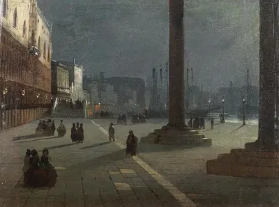 Венеция, вид на Моло ди Сан Марко с Рива дельи Скиавони при лунном свете by Ипполито Каффи — digital art print download