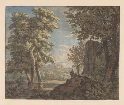 Arcadisch landschap met antiek bouwval en twee mannen by Jacob van Liender, 1706 - 1759 — digital art print download