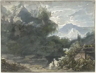 Baders bij antiek monument in bergachtig landschap by Jacob van Liender — digital art print download