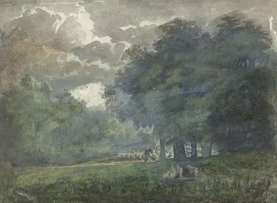 Herders met kudde in bosrijk landschap by Jacob van Liender, 1706 - 1759 — digital art print download