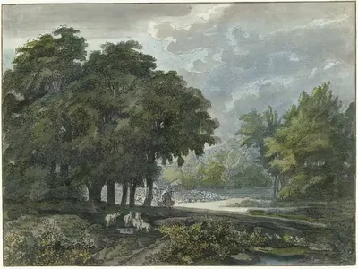 Herders met kudde in bosrijk landschap by Jacob van Liender, 1706 - 1759 — digital art print download