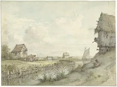 Речной пейзаж с рисующим художником между хижинами by Ян Хулсвит, 1776 - 1822 — digital art print download