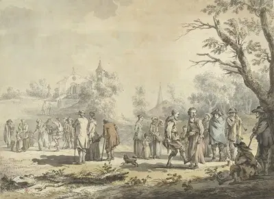 Танцующие крестьяне и зрители у деревни by Жан-Жак де Буассье, 1746 - 1810 — digital art print download