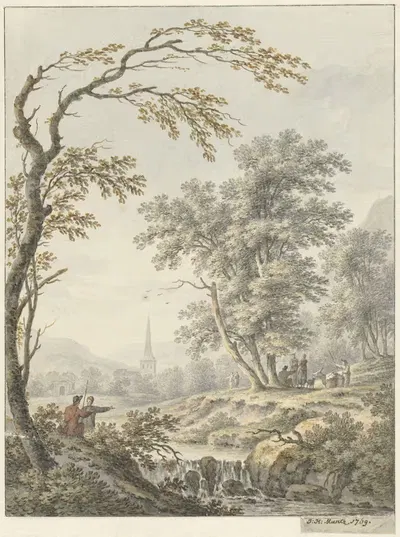 Пейзаж с водопадом и вдали церковь by Иоганн Генрих Мюнц, 1769 — digital art print download