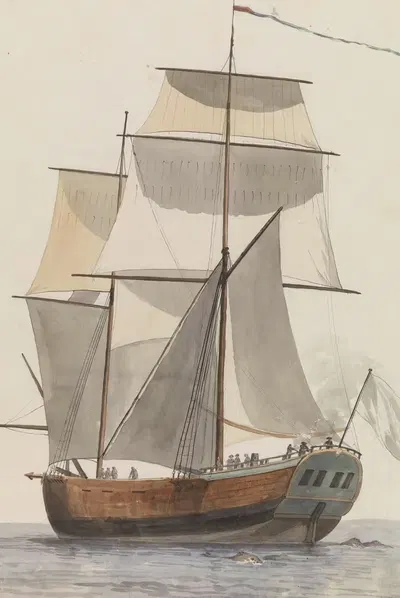 Frans brigantijn schip l'Heureuse Marianne waarop het reisgezelschap van Valette naar Agrigento vaarde by…