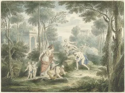 Аркадический пейзаж с Афиной, коронующей старика, и Венерой с Адонисом by Луи Фабритиус Дюбург, 1747 — digital art print…