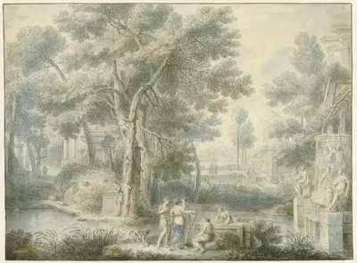 Аркадический пейзаж, справа фонтан by Луи Фабритиус Дюбург, 1743 — digital art print download