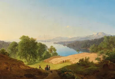Сцена на озере Штарнберг, на заднем плане замок Штарнберг и остров Роза by Максимилиан Хаусхофер, 1840 — digital art print…