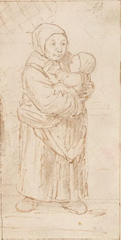 Standing Woman Cradling a Child by Адриан ван Остаде — digital art print download