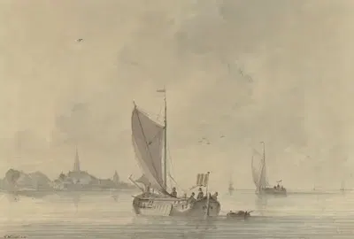Парусные лодки на воде перед голландским городком by Николас Викаарт, 1758 - 1815 — digital art print download