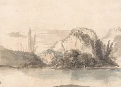A Temple Perched on a Rocky Outcrop Seen Across a Lake by Александр Рансиман — digital art print download