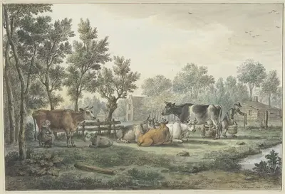 Луг с коровами, которые доятся by Паулюс Константин ла Фарг, 1773 — digital art print download