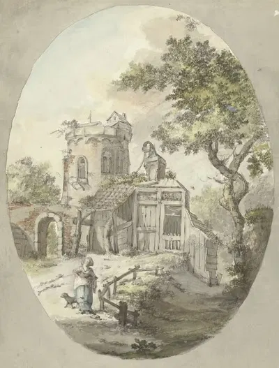 Женщина с собакой перед руиной у башни by Питер Бартоломеус Барбиерс, 1782 - 1837 — digital art print download