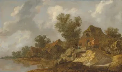 A river landscape with a ferry and fisherfolk, a carriage on a bridge near houses to the right by Pieter de Molijn —…