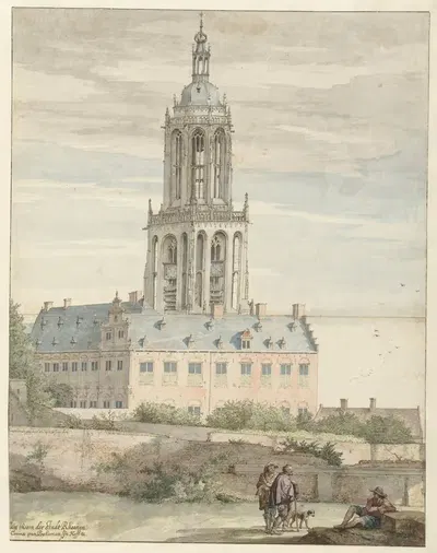 View of the Palace of Frederik V, Elector Palatine, and the Sint-Cunerakerk, Rhenen by Pieter Jansz Saenredam, 1644 —…