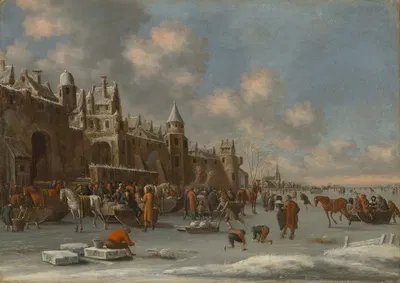 A winter landscape with skaters on a frozen lake near a city wall by Thomas Heeremans, 1687 — digital art print download