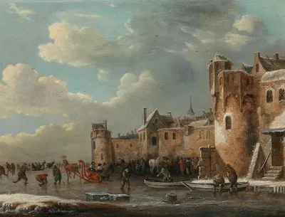 Skaters and a horse-drawn sleigh on the ice outside a walled town by Thomas Heeremans, 1668 — digital art print download