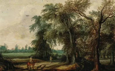 A wooded landscape with hunters by Willem van den Bundel — digital art print download