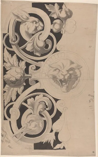 Decorative Design with Heads of a Cat, Hare and Goose by Альфред Джордж Стивенс — digital art print download