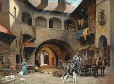 Старый двор в Фрисахе с повозкой by Алойс Шённ, 1883 — digital art print download