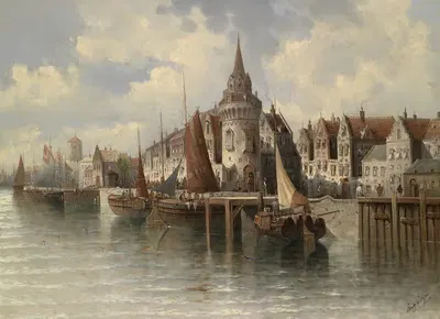 Blick auf eine Hafenstadt by August Von Siegen — digital art print download
