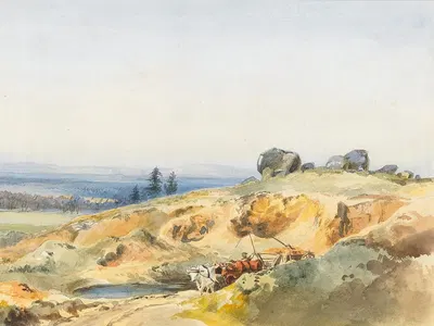 A landscape with a narrow path and an oxcart by Edward Theodore Compton — digital art print download