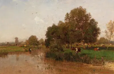 River Landscape with Cows Resting by Eugen Jettel — digital art print download