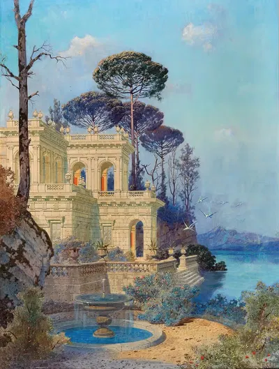 Вилла, фонтан у озера на переднем плане by Фердинанд Кнаб — digital art print download