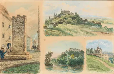 A view of Maribor, the Roman monument in Pettau, Oberpettau castle, Seckau castle by Friedrich Loos — digital art print…