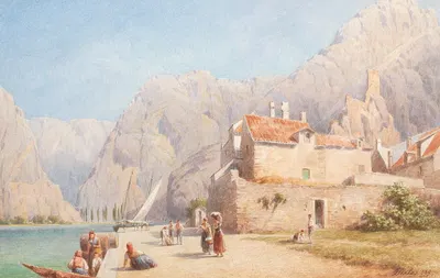 A southern coastline, surrounded by a mountain range by Gottfried Seelos — digital art print download