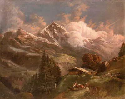 Живописная альпийская луга с видом на альпийские вершины by Густав Барбарини, 1858 — digital art print download