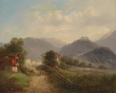 Blick auf die Festung Hohenwerfen im Pongau by Gustav Barbarini — digital art print download