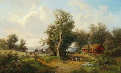 Пейзаж в альпийских предгорьях с пасущимися коровами by Густав Барбарини — digital art print download