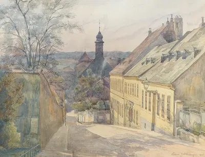 A view of Diesterweggasse and St. Rochus chapel in Penzing by Hans Götzinger — digital art print download